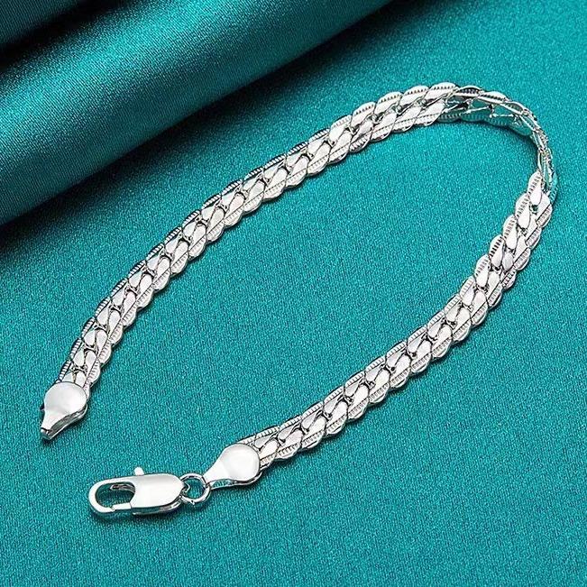 925 Silver Bracelet 6mm 18/20cm Flat Side Chain Lobster Clasp Bracelet For Woman Man Party Wedding Jewelry Holiday Gift