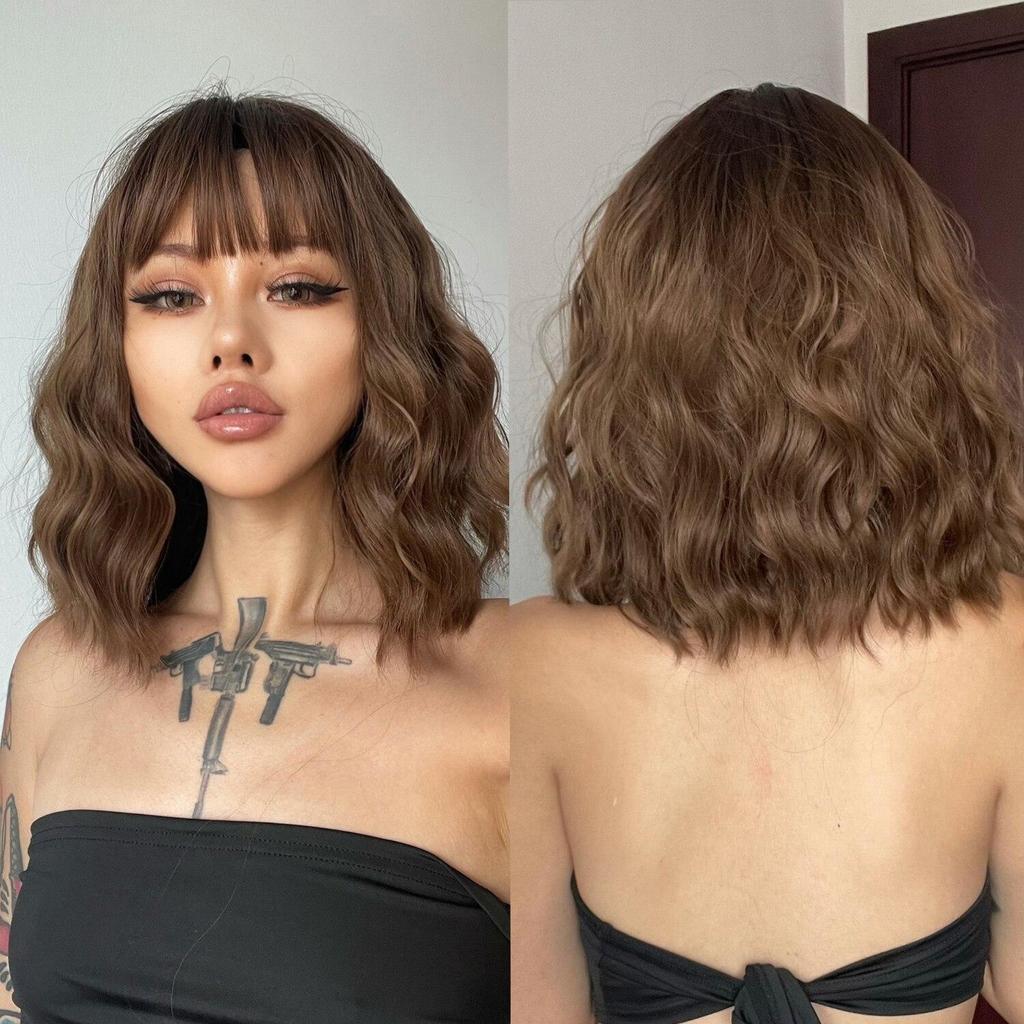 Element Bob Dark Brown Wig With Air Bangs Cool Short Synthetic Wigs For Women Shoulder Length Heat Resistant Fiber Hair Daily