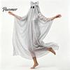 White Ghost Poncho Sequin Cape for Women, Cute Halloween Costume Cloak with Holiday Cosplay Bows, Lightweight Mesh Pullover Robe Party Photoshoot