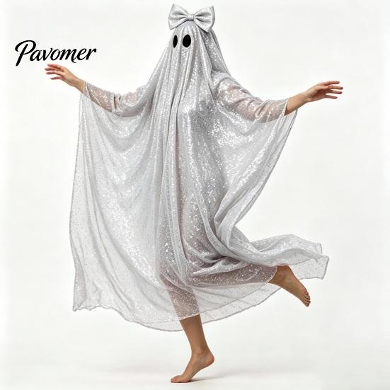 White Ghost Poncho Sequin Cape for Women, Cute Halloween Costume Cloak with Holiday Cosplay Bows, Lightweight Mesh Pullover Robe Party Photoshoot