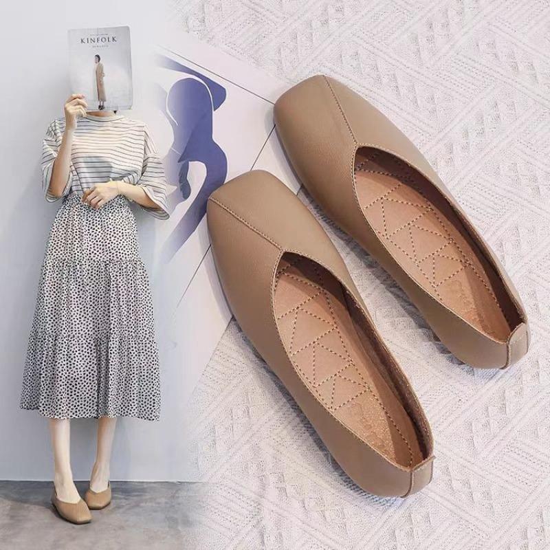 Square Head Flat Sole Single Shoes Women's Shallow Mouth Soft Sole Doudou Shoes Autumn Gentle Wind with Skirt Ladyshoes