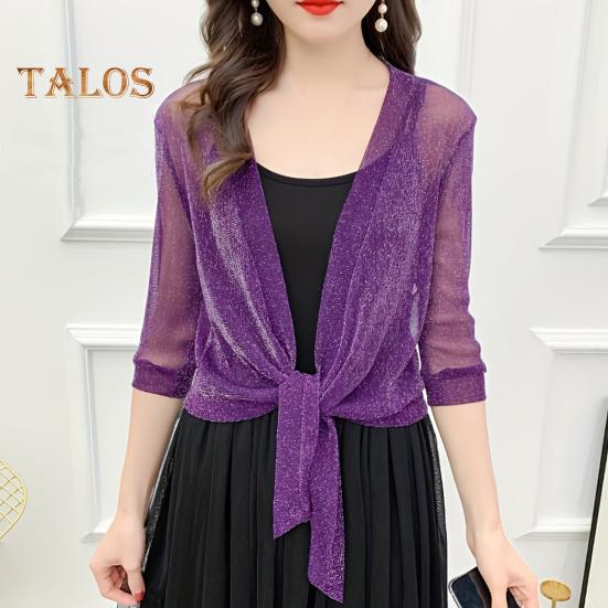 Damen Schalmantel mit V-Ausschnitt, 3/4-Ärmel, zum Schnüren, dünner Mantel, einfarbig, Riemchendesign, normale Passform, Oberteil für Cocktailpartys