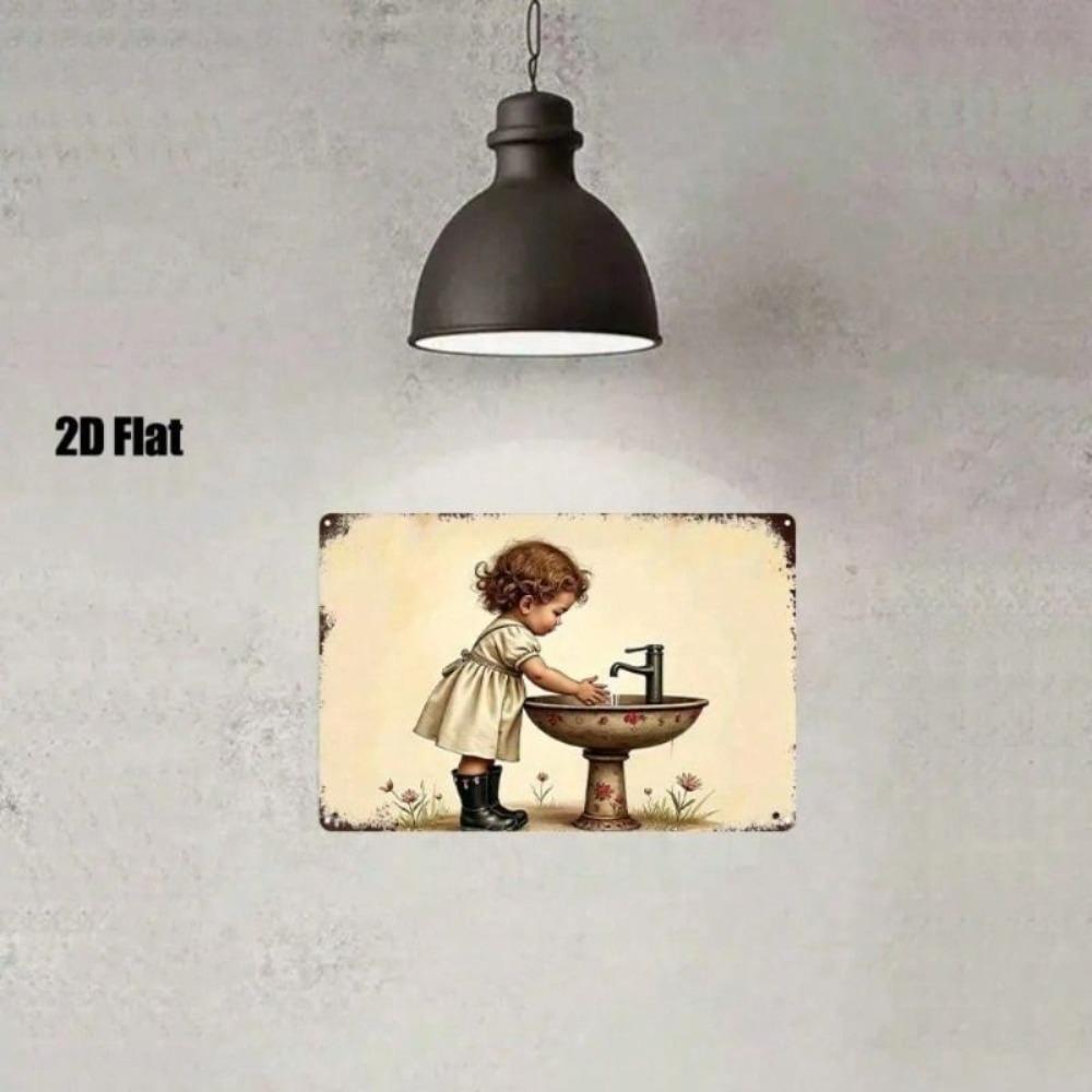 Poster Metallico Ragazza Vintage che si Lava le Mani Decorazione Murale per Bagno