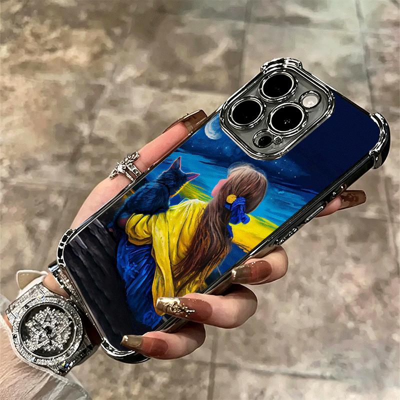 Blue Yellow Ukrainian Girl Plating Phone Case For Iphone 16 17 Pro Max Air 16E 14 15 Plus 12 13 Mini Anti-Fall Airabag Cover