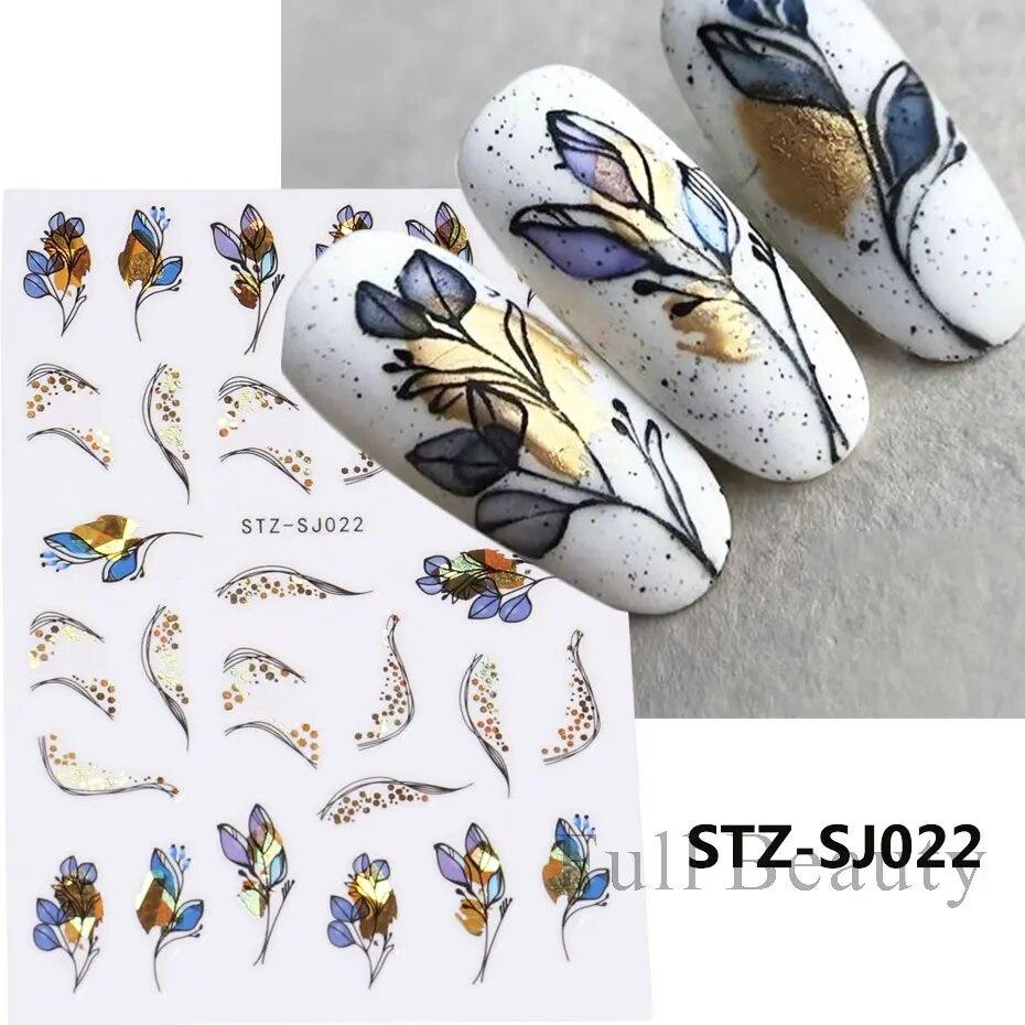Lily Flower Geometric 3D Nail Stickers Maple Leaves Lines Nail Art Adhesive Sliders Red Berries Decals Decoration PPSTZ-SJ027