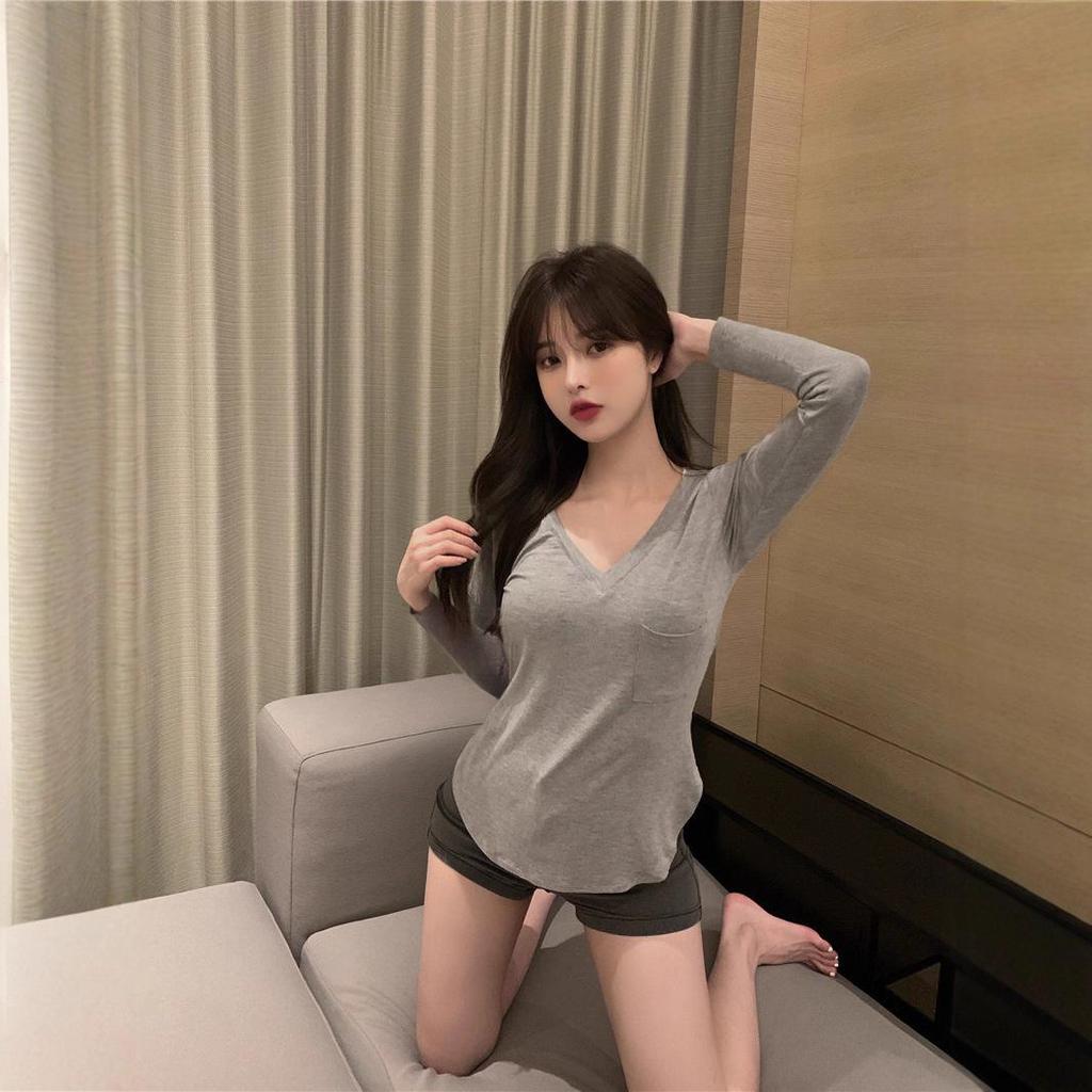 Korean V-neck Irregular Long Sleeve Women's Casual Top for Spring/Autumn