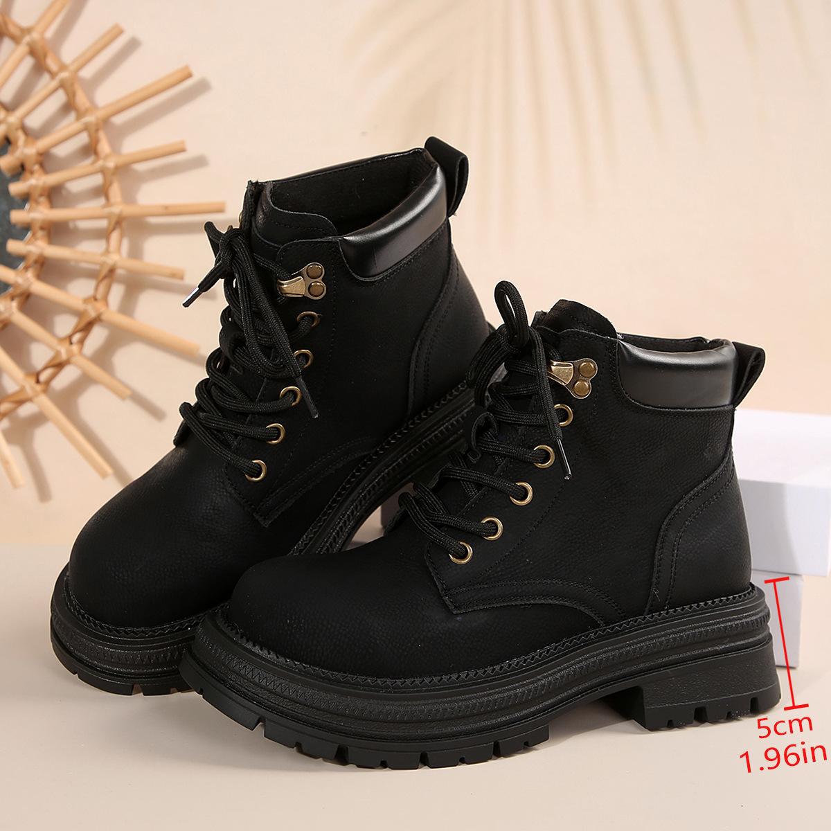 

European and American thick-soled lace-up short locomotive boots women s cross-border color matching velvet retro wind leather surface Martin boots 36