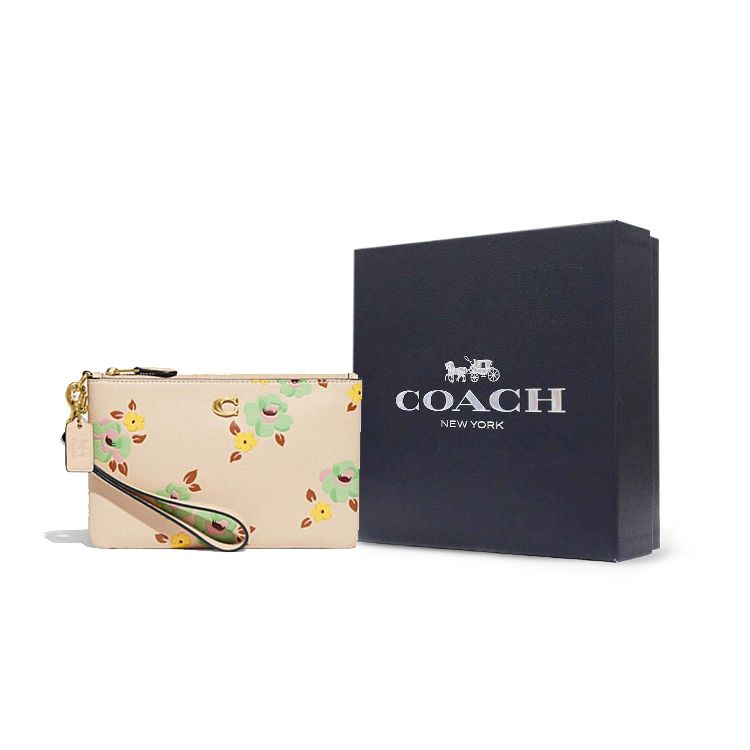 Coach Wristlet 19 Floral Print Leather Clutch Women Clutch Beige CH812-B4RHR