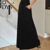 Long Skirt Women Maxi Adjustable Drawstring High-Waisted Solid Color Casual with Pockets Work
