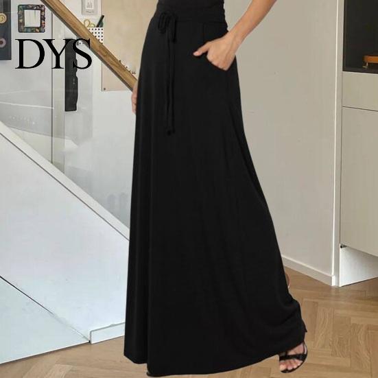 Long Skirt Women Maxi Adjustable Drawstring High-Waisted Solid Color Casual with Pockets Work
