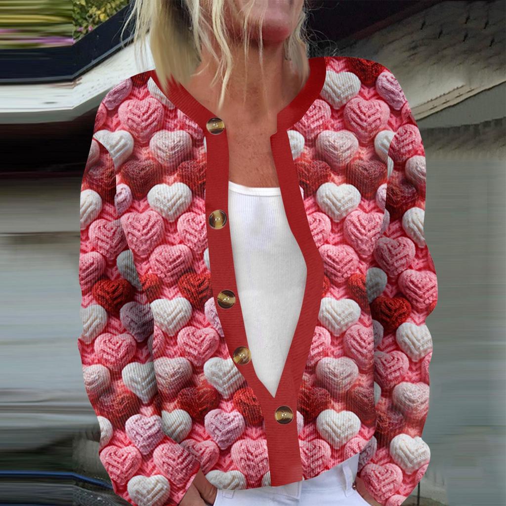 Women's Fashion Long Sleeve Valentine's Day Printed Jacket Cardigan Valentine's Day Sweater