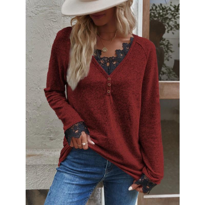 

Осень-зима женская одежда с длинным рукавом кружевная пэчворк V-образный вырез пуговицы трикотажная футболка XL красный