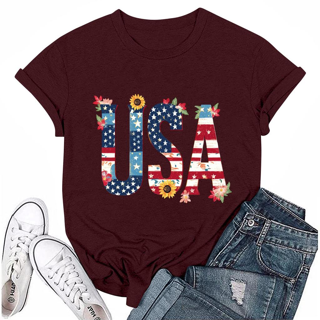 Dámské ležérní tričko s krátkým rukávem a potiskem ke Dni nezávislosti s kulatým výstřihem