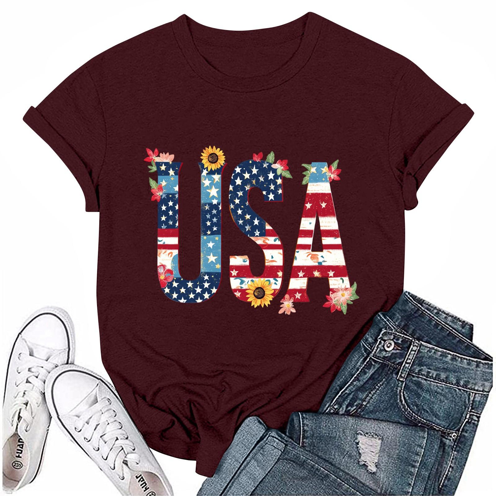 

Женская повседневная футболка с круглым вырезом и коротким рукавом с принтом «День независимости» XL винный