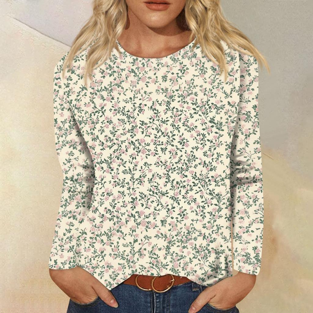 Women's Fashion Casual Long Sleeve Flowers Print Round Neck Top