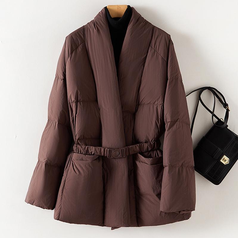 Women Down Jacket Casual Loose Belt V Neck Collar Fashion Autumn Winter Outwear Coat