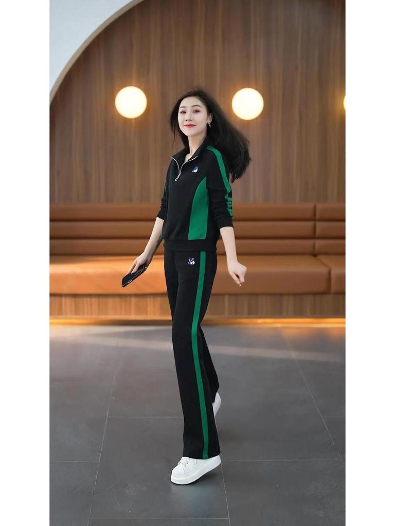 Women's Spring/Autumn 2025 Fashionable Slim Fit Stand Collar Sweater & Wide-Leg Pants Two-Piece Set