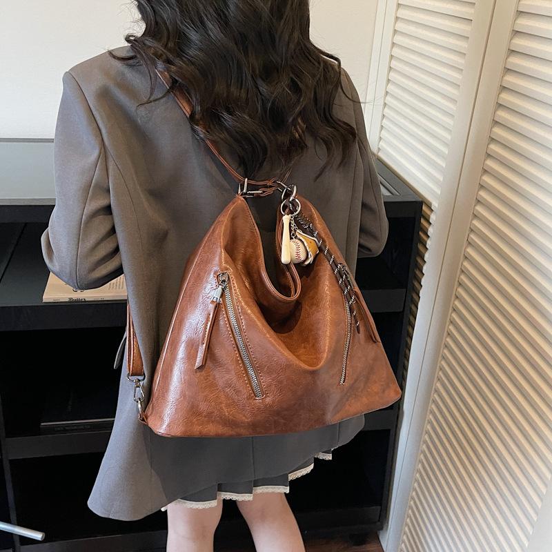 Leather Hobo Bag Women's Fashion Shoulder Tote with Dual Zip Pockets and Adjustable Strap