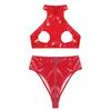 Womens Lingerie Wet Look Sleeveless Halter Open Bust Crop Top with High Cut Front Zipper Belt Briefs for Party Club