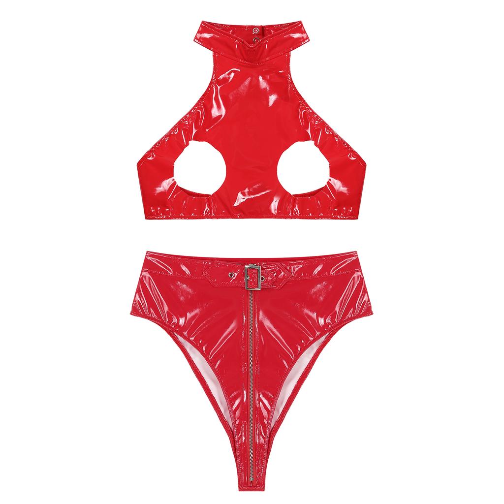 Womens Lingerie Wet Look Sleeveless Halter Open Bust Crop Top with High Cut Front Zipper Belt Briefs for Party Club