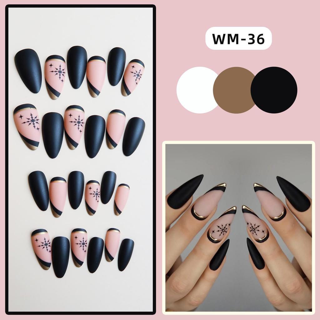 WM-36 Чорні Сніжинки Різдвяні Накладні Нігті для Носіння - Готові Наклейки для Манікюру