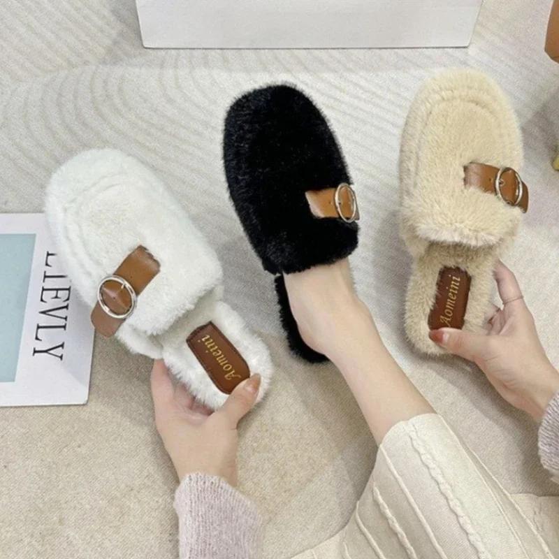 Slippers Casual Flock Med Shoes Platform Fur Flip Flops Cover Toe Slipers Women Slides Luxury Plush Flat 2024 Rubber  with fur