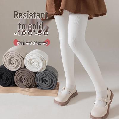 Girls' Fleece-Lined Open Crotch Stirrup Tights - Cotton, Thick, Vertical Stripes, Warm Autumn/Winter Wear