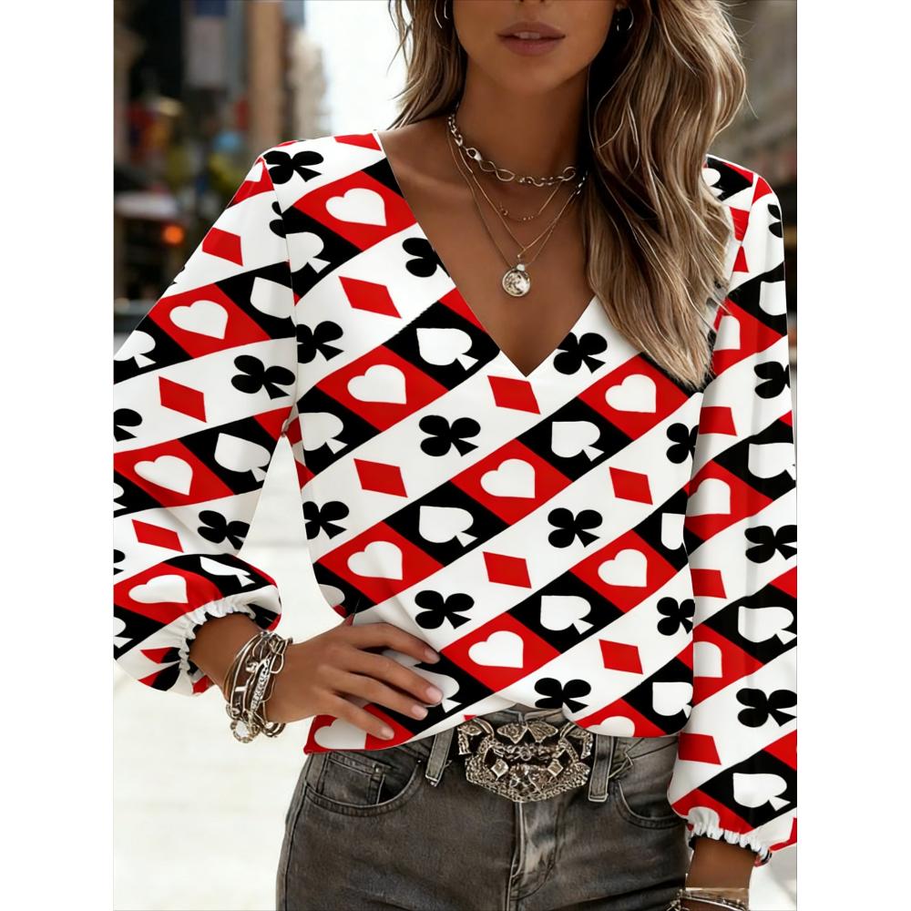 

Women s colorful geometric pattern printed shirt, V-neck long sleeves lantern sleeves, birthday theme, party wear, elegant and fashionable women s top S