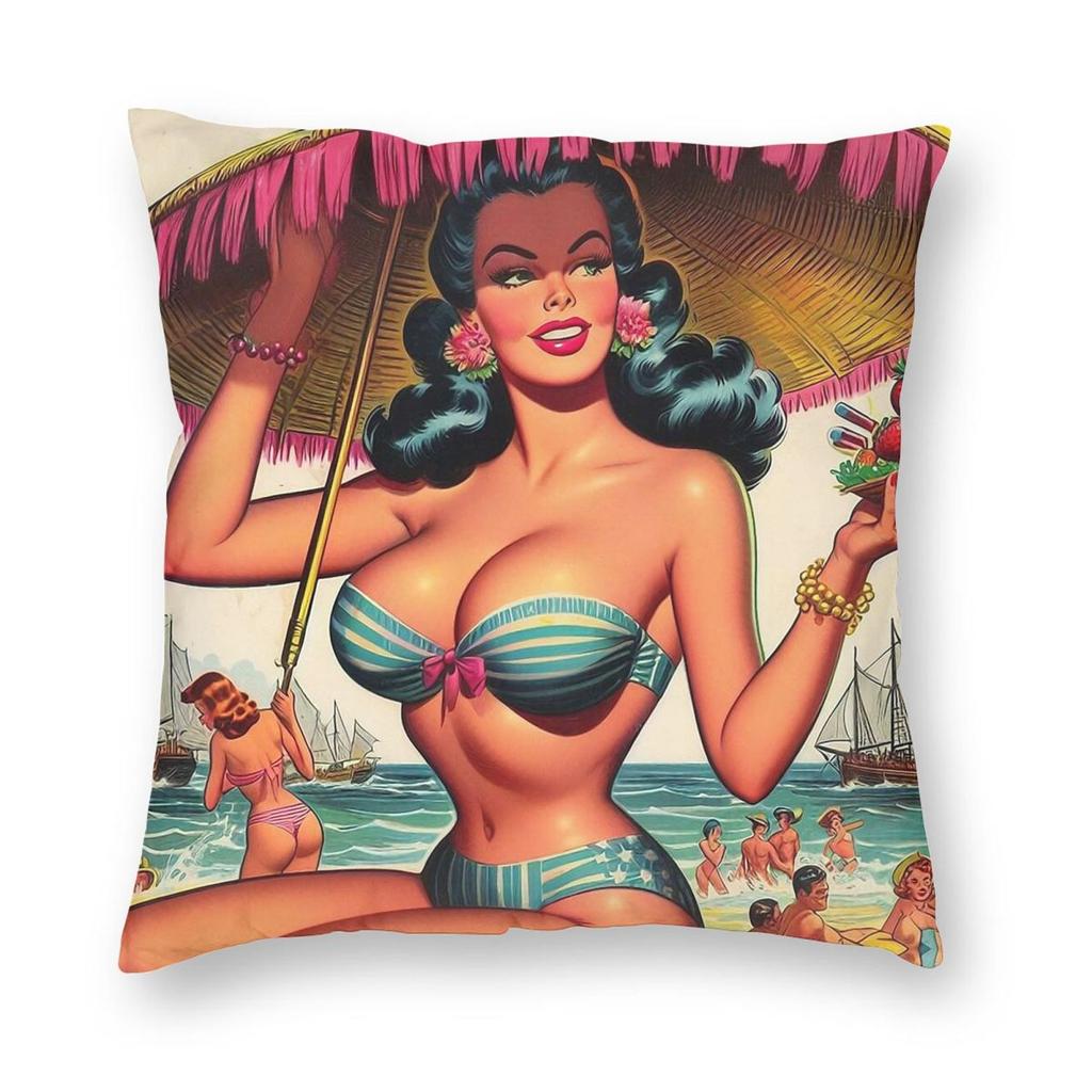 Vintage Beach Summer Girl Square Pillowcase Polyester Linen Velvet Creative Zip Decor Throw Pillow Case Home Cushion Case