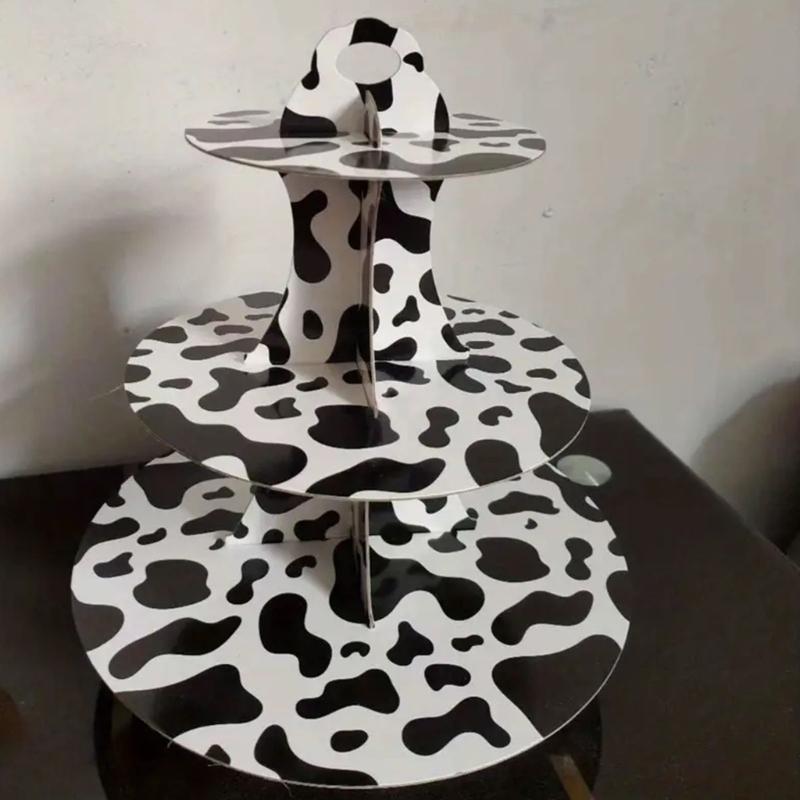3 Level Dessert Display Tower for Kids Birthday Celebration Cupcake Holder Elegant Cow Print Cake Storage Stand