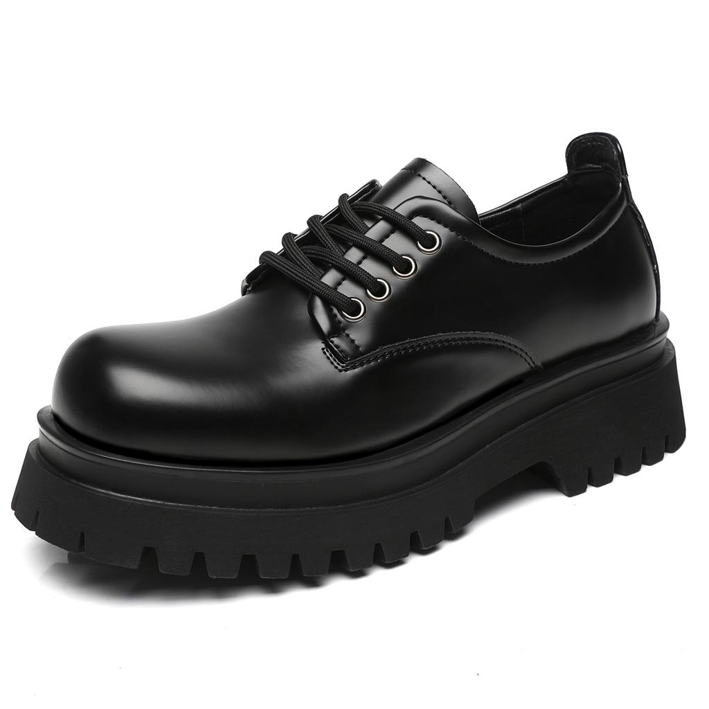 2025 New Men's Shoes Trendy Brand High-end Big Head Leather Shoes Black Low-top Martin Shoes Casual Platform Derby Shoes