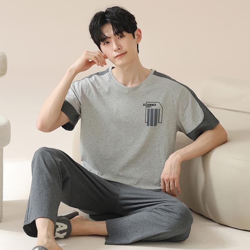 New pajamas men's summer pure cotton short-sleeved trousers youth cotton thin large-size outer loungewear suit