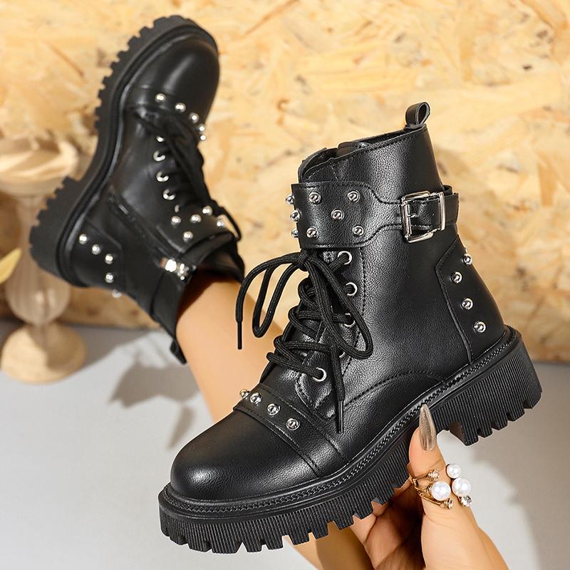 Fashion Rivets Decor Platform Ankle Boots Women Fashion Buckle Lace Up Zippers Combat Boots Woman Balck Pu Leather Motorcycle Shoes 42