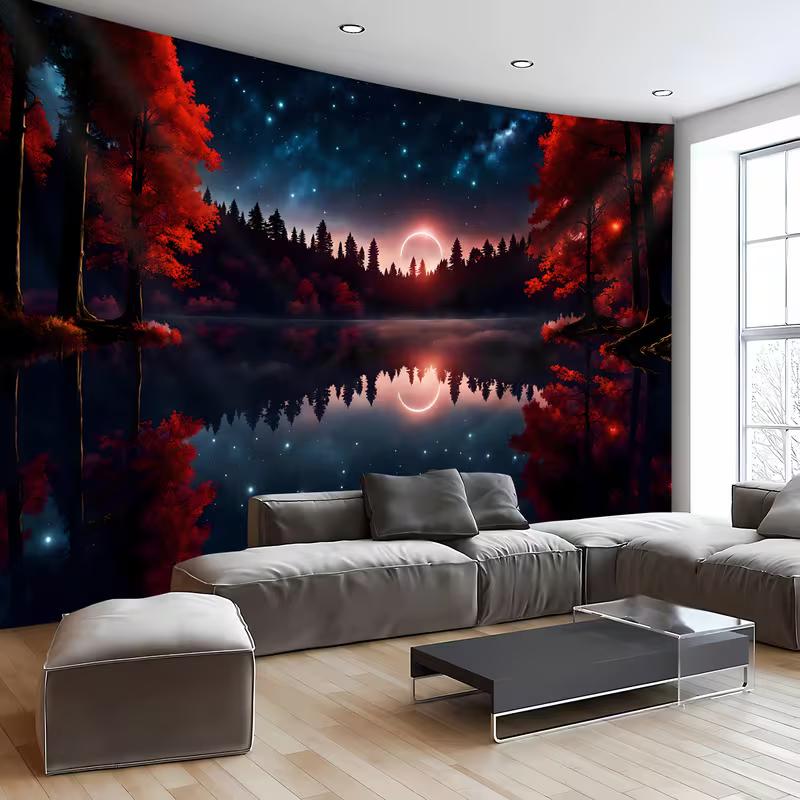 2D Red Maple Tree Night Tapestry Mystical Lake Scenery Room Background