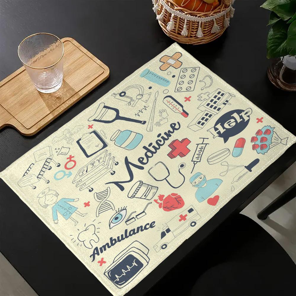 

4PC Doodle Hospital Icons Vector Pattern Insulation Mats Kitchen Decoration Festive Atmosphere 6.17 30x45cm-4PC