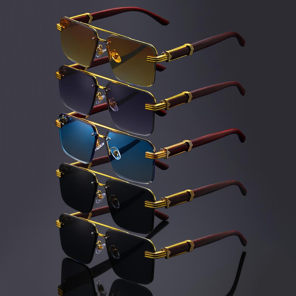 Box Sunglasses, Gu Shuangqiao Frameless Glasses, Wooden Temple Light Polycarbonate Frame, Half Frame Cut Edge Sunscreen Sunglasses