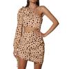 Hottie Sexy Slanted Shoulder Single Sleeve Leopard Print Waist Hollow Fashion Hip Dress
