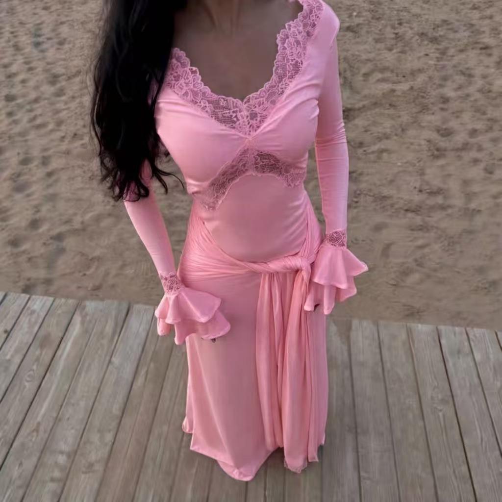 2026 Spring Elegant Slim Fit Women's Long Dress with Sexy Lace Patchwork and European-American Design