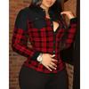 Women's Slim Fit Long Sleeve Button Down Shirt Collar PU Patch Houndstooth Print Blouse