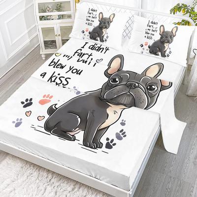 French Bulldog 4-Piece Set, A Cute French Bulldog Sitting Up, Including 1 Bed Sheet, 1 Duvet Cover, 2 Pillowcases (Kids, Gift)