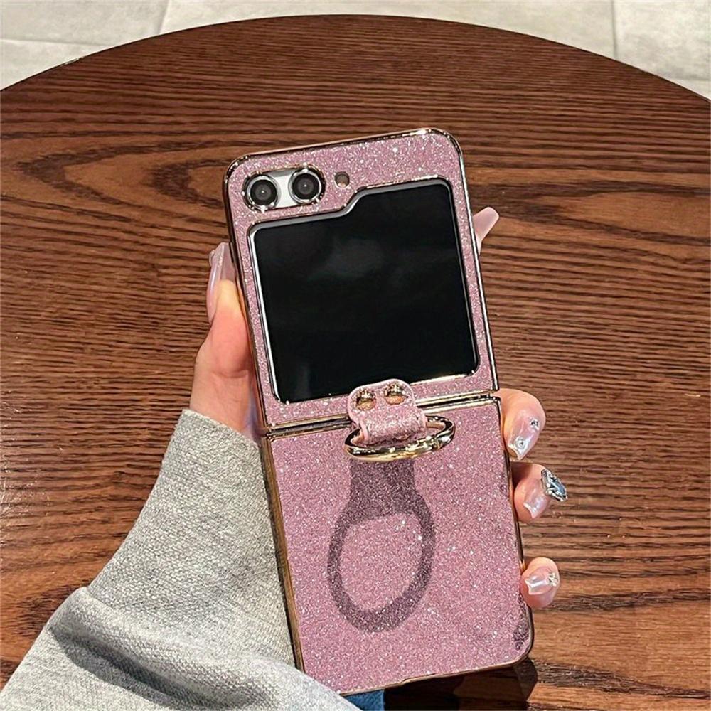 

Glitter Ring Holder Phone Case For Samsung Galaxy Z Flip 7 fe 6 5G Luxury Bling Hard Plastic Protective Cover Galaxy Z Flip6 рожевий