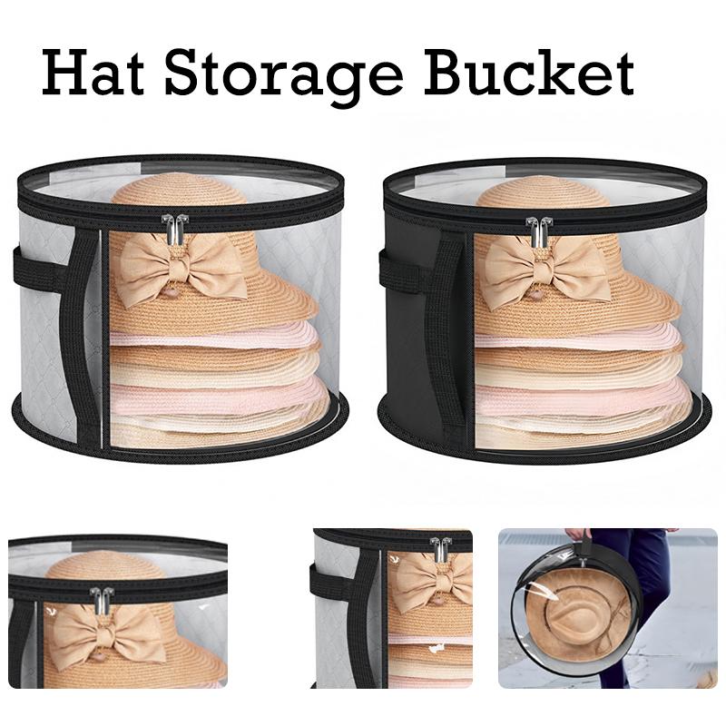 Foldable Hat Storage Bucket with Lid Clear Round Zipper Storage Bag for Clothes Hats Toys Cabinet Storage Box Home Organizers