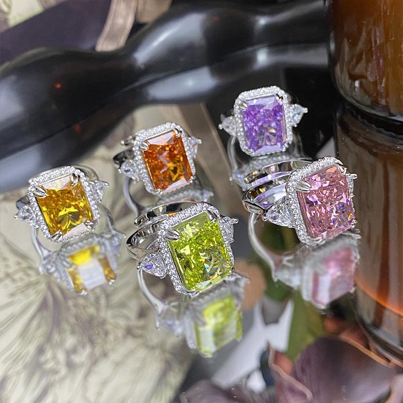 2026 Bright Sparkling Apple Green High Carbon Ice Flower Cut Ring, Luxurious Temperament Rectangular Diamond Ring Woman