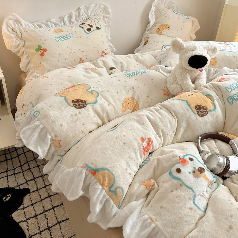 Thickened Milk Fleece Bed Four-Piece Set, Cute Lace Coral Fleece Quilt Cover, Fleece Bed Sheet Three-Piece Set