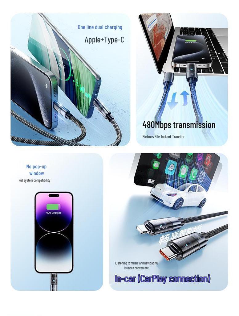 PD100W Transparent Flash Charging Cable for iPhone 14/12 with Light Data Connector