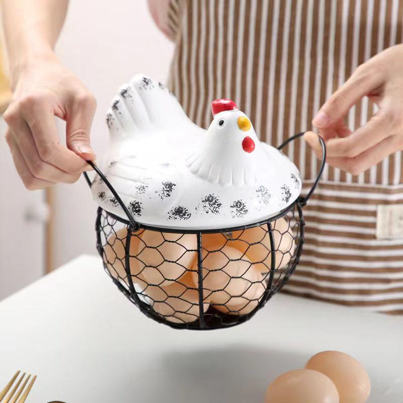 Iron Ceramic Hen Ornament Egg Fruit Storage Basket Cute Chicken Wire Metal Basket Living Room Fruit Vegetable Storage Bowls Creative Kitchen Rack