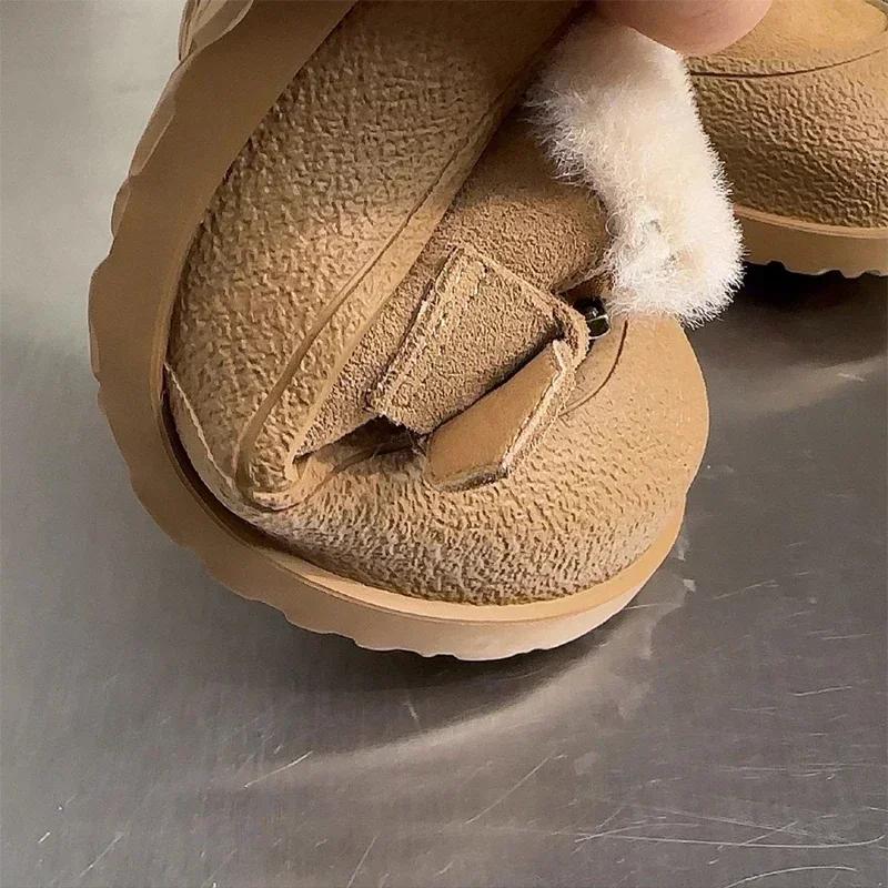 Fashion Lady Winter Shoes Warm Long Fur Inside Fashion Solid Khaki Color Woman Light Footwear Designer Suede Leather Shoes Slip-On Shoes