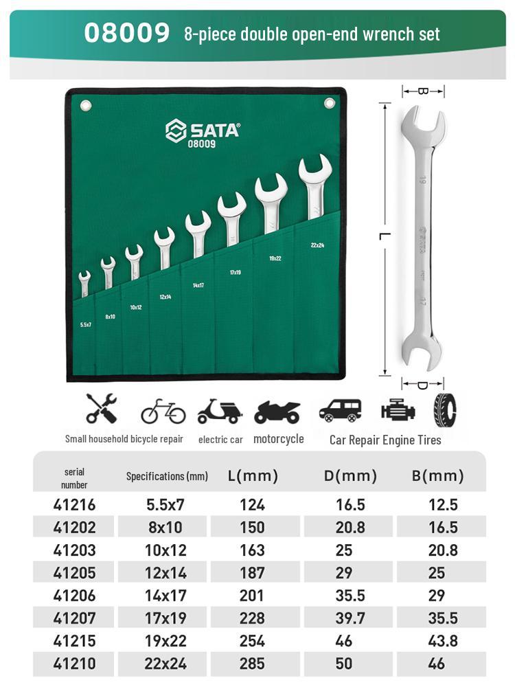 SATA Double-Headed Open-End Spanner Set: 8/10/12/14/17/19/22mm Fixed Forked Wrench