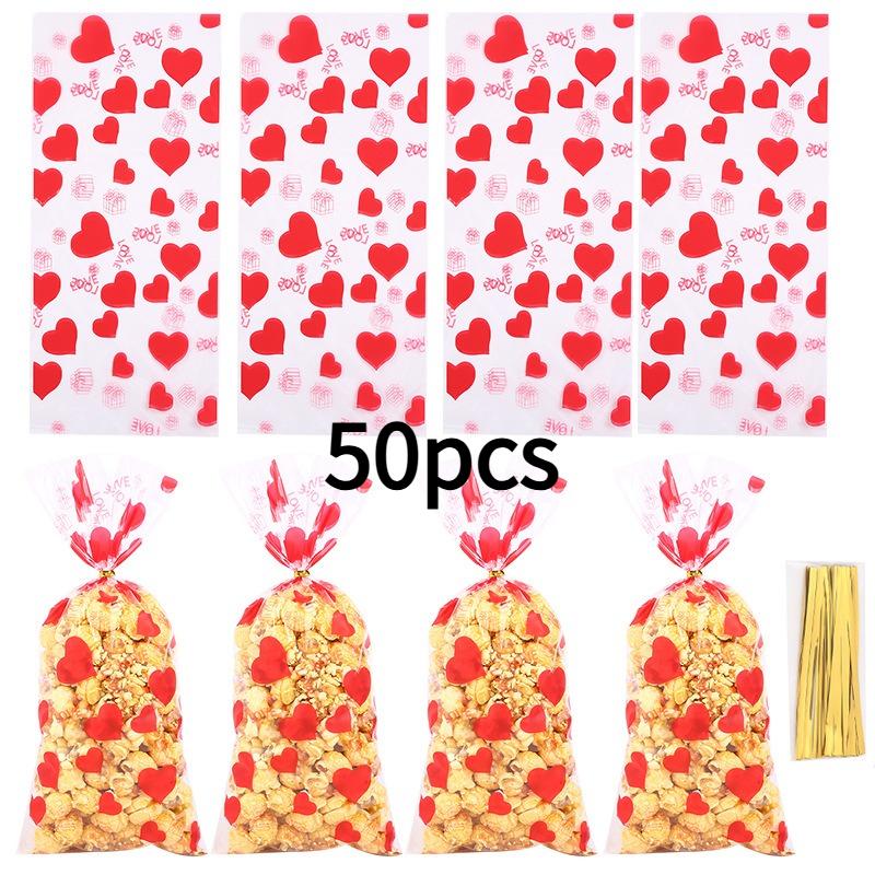 

50pcs Red Heart LOVE Printed Gift Bags with Golden Ties - Transparent Plastic OPPE Bags for Valentine S Day, Romantic Couples as shown