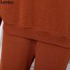 VONDA Spring Autumn Women Outfits Long Sleeve Rib Blouse and Pants Two Piece Knitted Suits